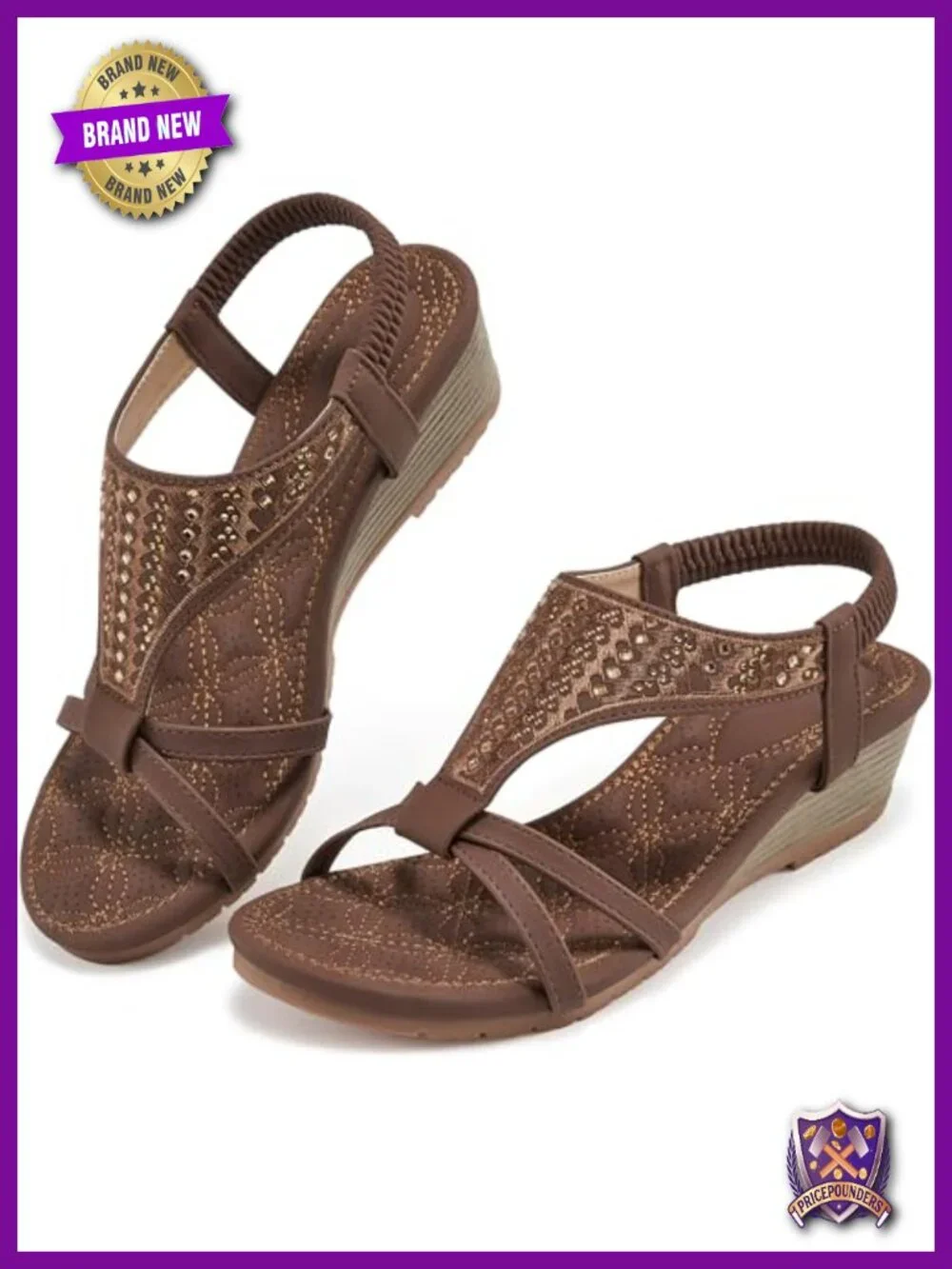 Bohemian Wedge Sandals with Rhinestones, Cushioned Footbed, Elastic Ankle Strap